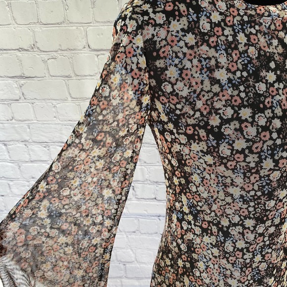 017 LA LA LAND CREATIVE Floral Print Black Long Sleeve Sheer Mini Dress Size XS - Picture 3 of 7